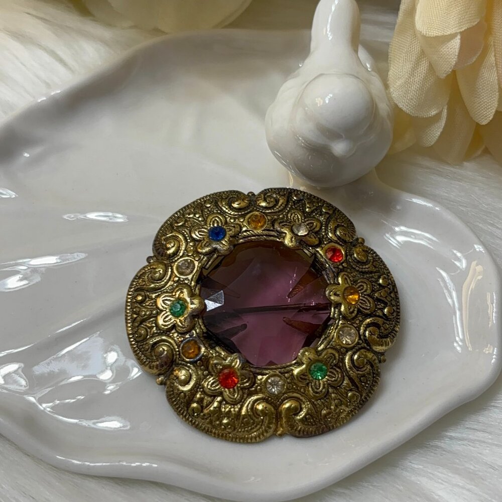 EDWARDIAN ANTIQUE FAUX AMETHYST FLORAL BROOCH